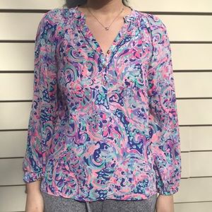 Lilly Pulitzer blue pink and green Elsa Silk Shirt